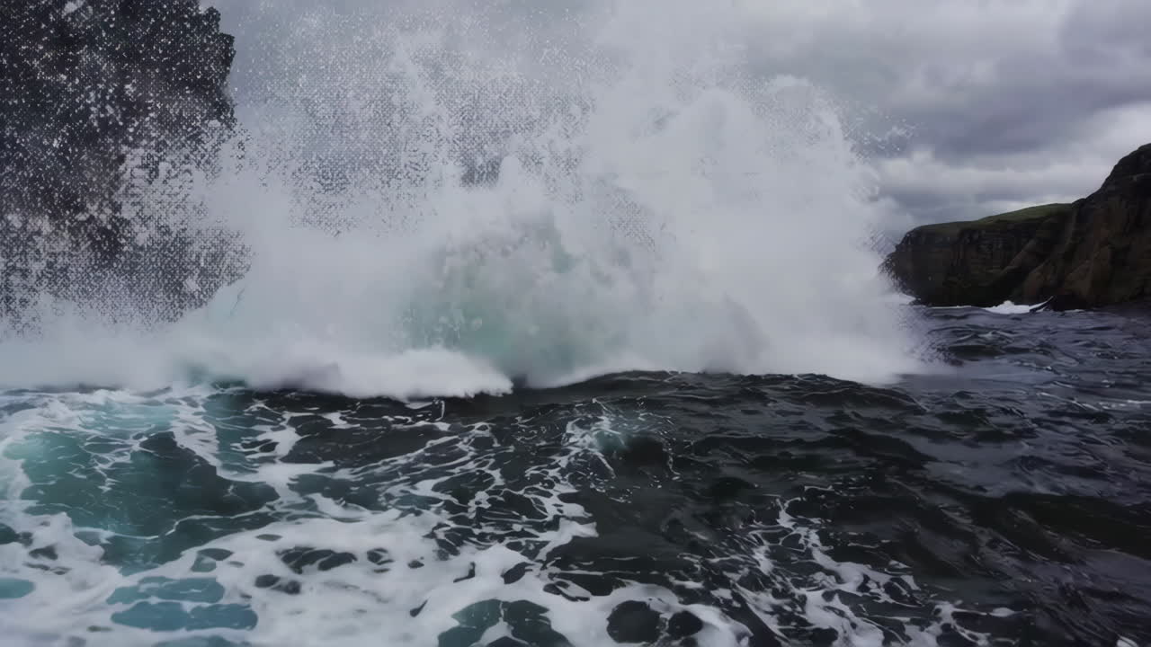 강력한 파도가 바위가 있는 해안에 부히고
