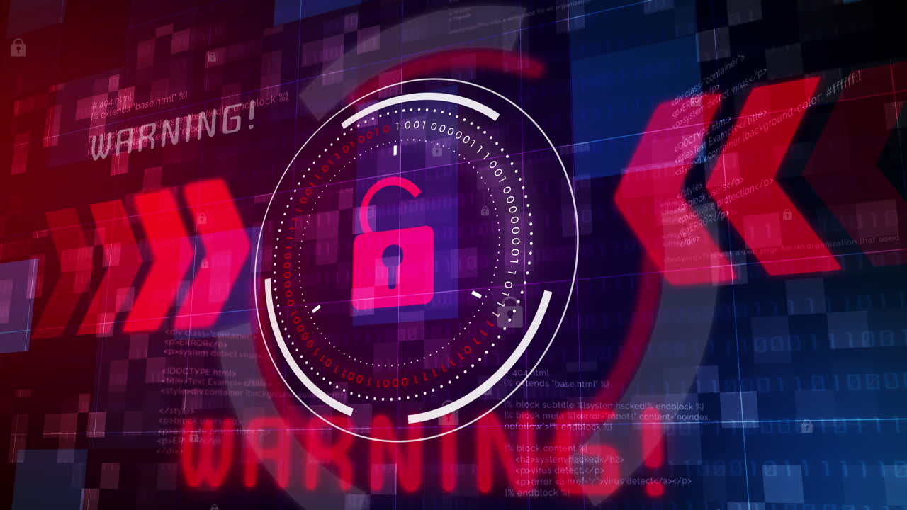 Red open padlock icon. Flashing warning message on blue background with binary code and text. Digital data cyber security looped animation.