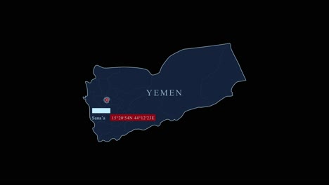 mapa estilizado azul de yemen con la ciudad capital de sana'a y las coordenadas geográficas en fondo negro