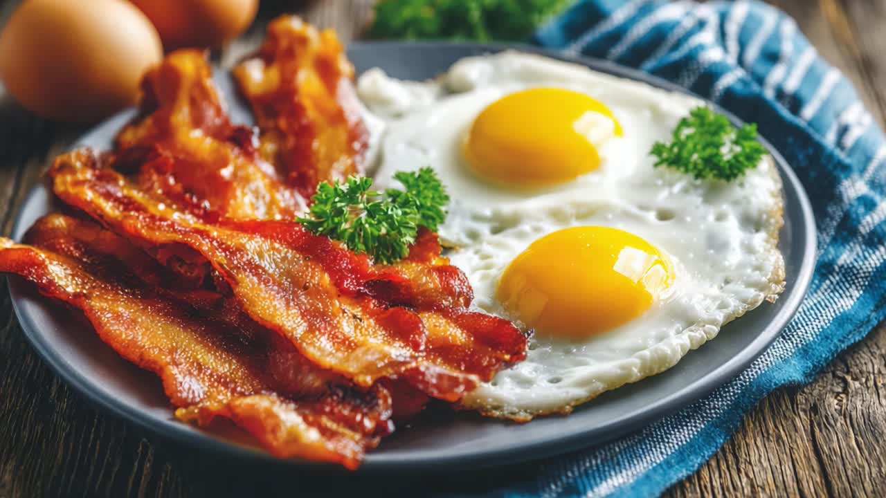 Delizia per la Colazione con Pancetta Croccante e Uova all'Occhio di Bue Servite con Guarnizione di Prezzemolo Fresco su una Tavola di Legno Rustica.