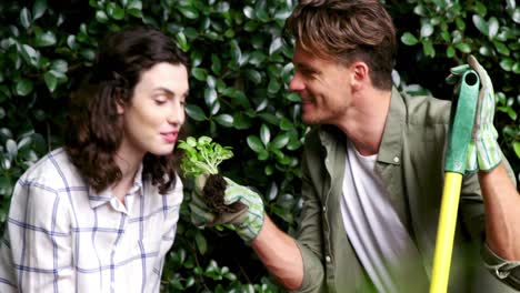 couple smelling pot plant in garden