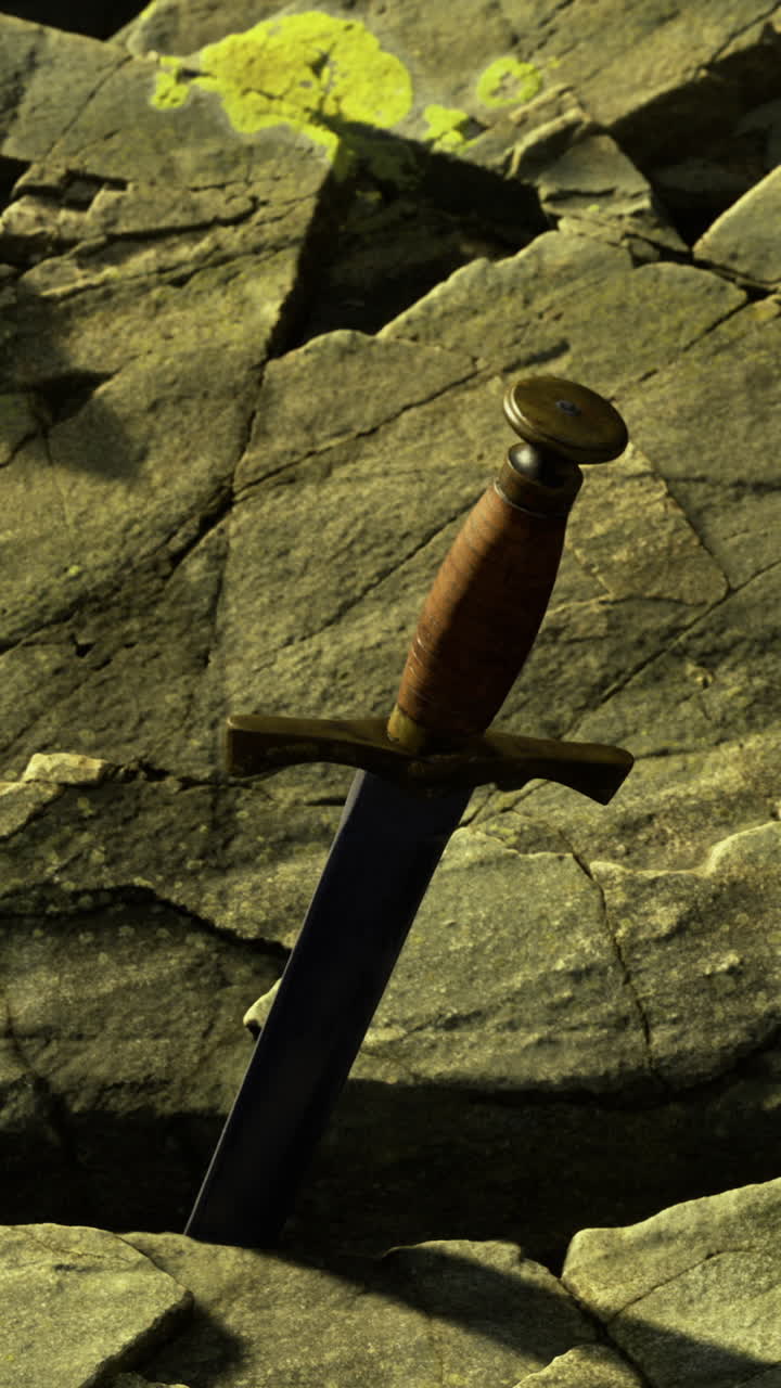 Mystery of the ancient blade resting upon weathered stones at dusk