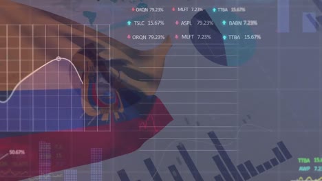animation of data processing and graphs over flag of ecuador on grey background