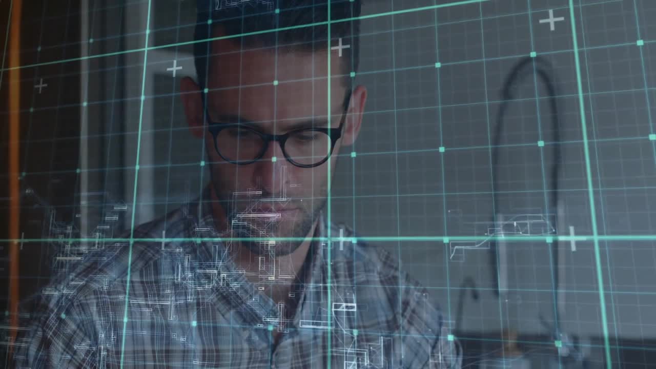 Man leaning on kitchen counter viewing app projecting grid overlay with plus signs, analyzing data