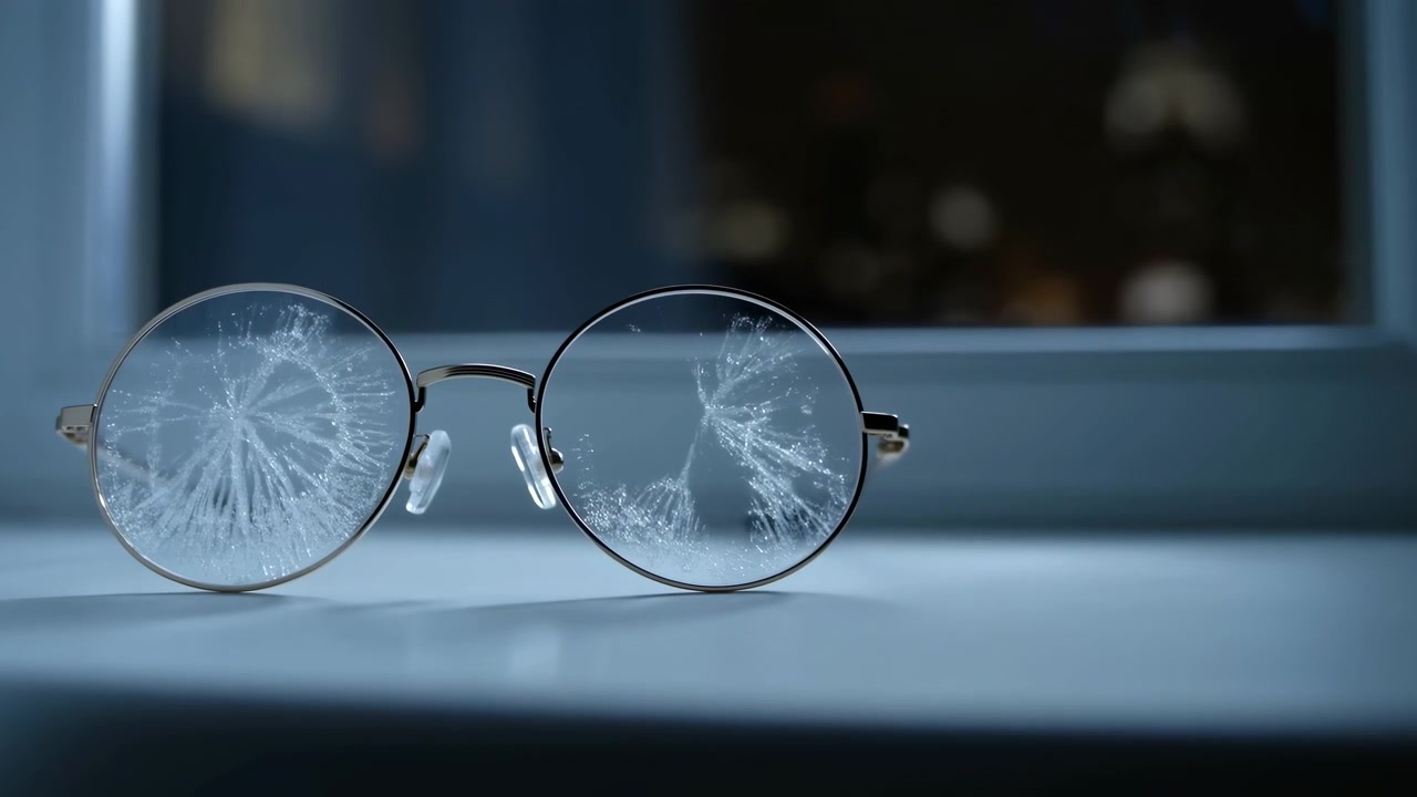 Round silver metal eyeglasses rest on painted wood windowsill as clear lenses gradually develop spiderweb fractures from impact points, while thin rims remain intact, soft cool daylight reveals