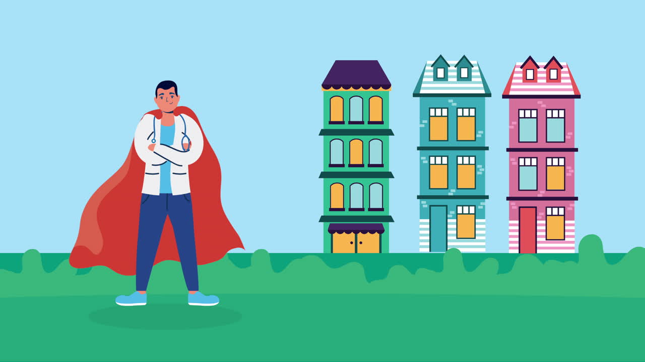 médico profesional con capa de héroe y edificios