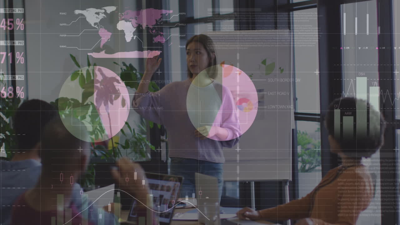 Animation of data processing over diverse business people during meeting