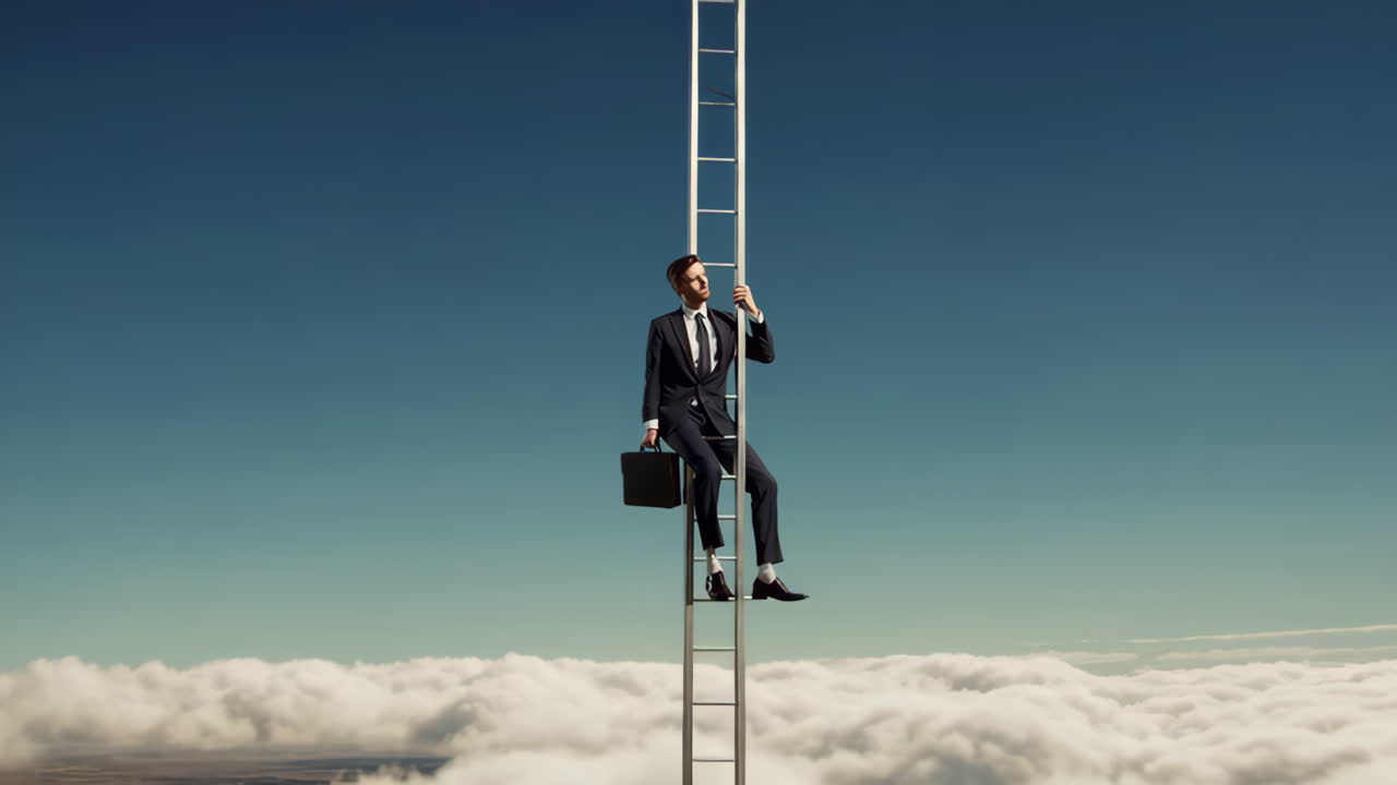 Businessman on a Ladder Above the Clouds Symbolizing Ambition and Success