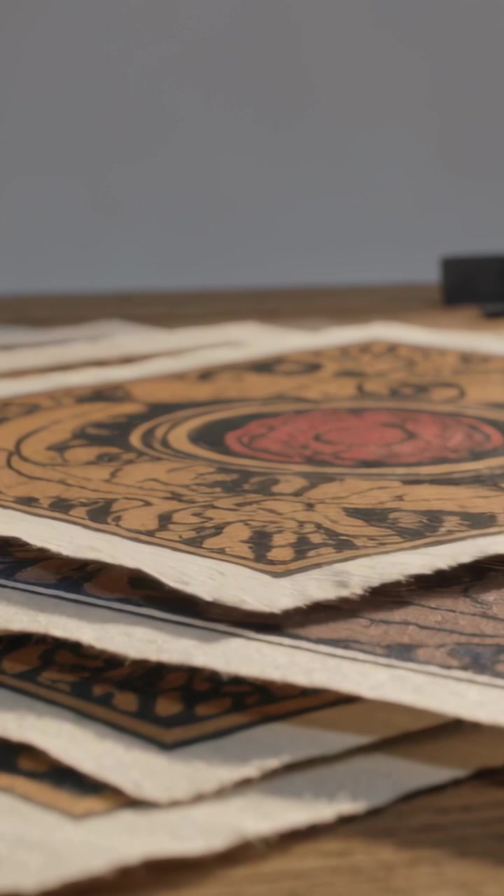 Vertical video: Shifting low camera highlighting deckle edges on wood table, red dot motifs