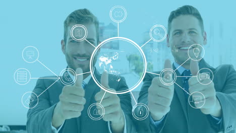 giving thumbs up, businessmen over global network connections animation