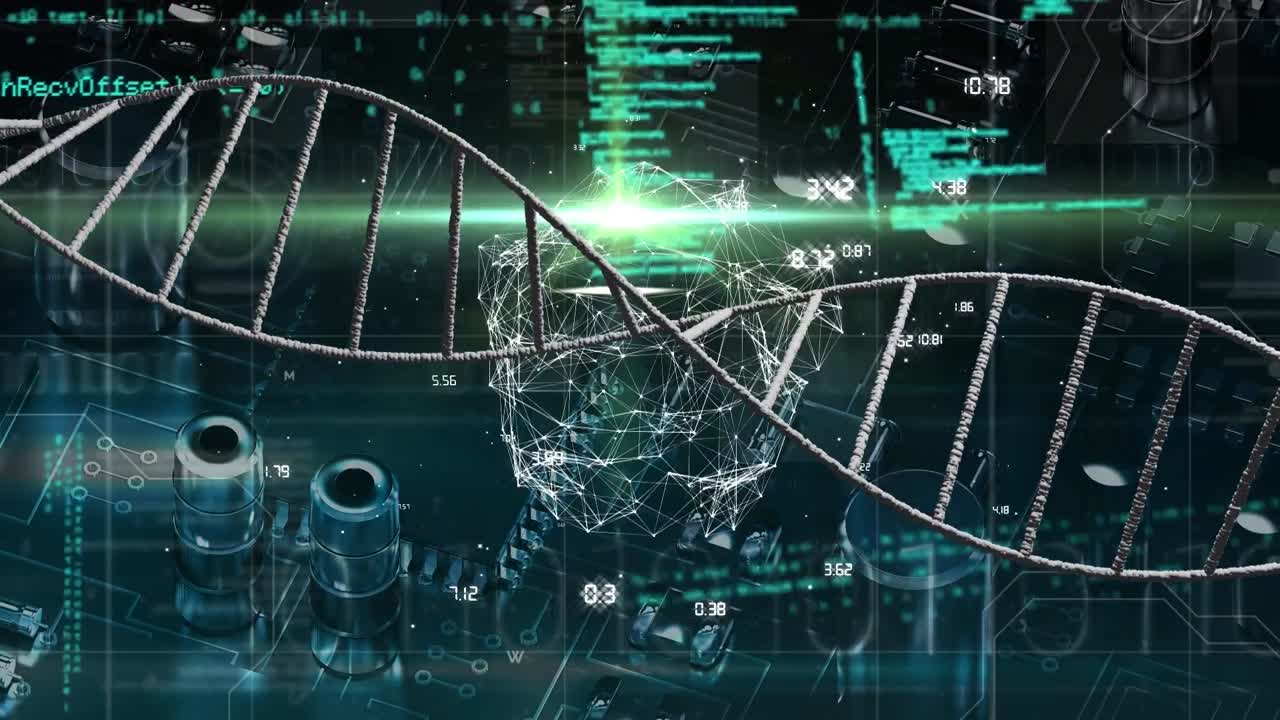 animación de estructuras de adn y procesamiento de datos frente a un primer plano de una placa base