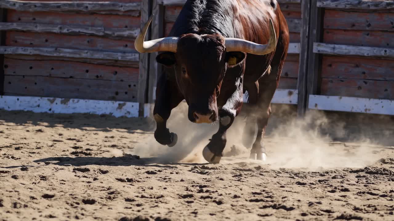 Video dal basso di un toro che carica e solleva polvere in un'arena, enfatizzando potenza e movimento.