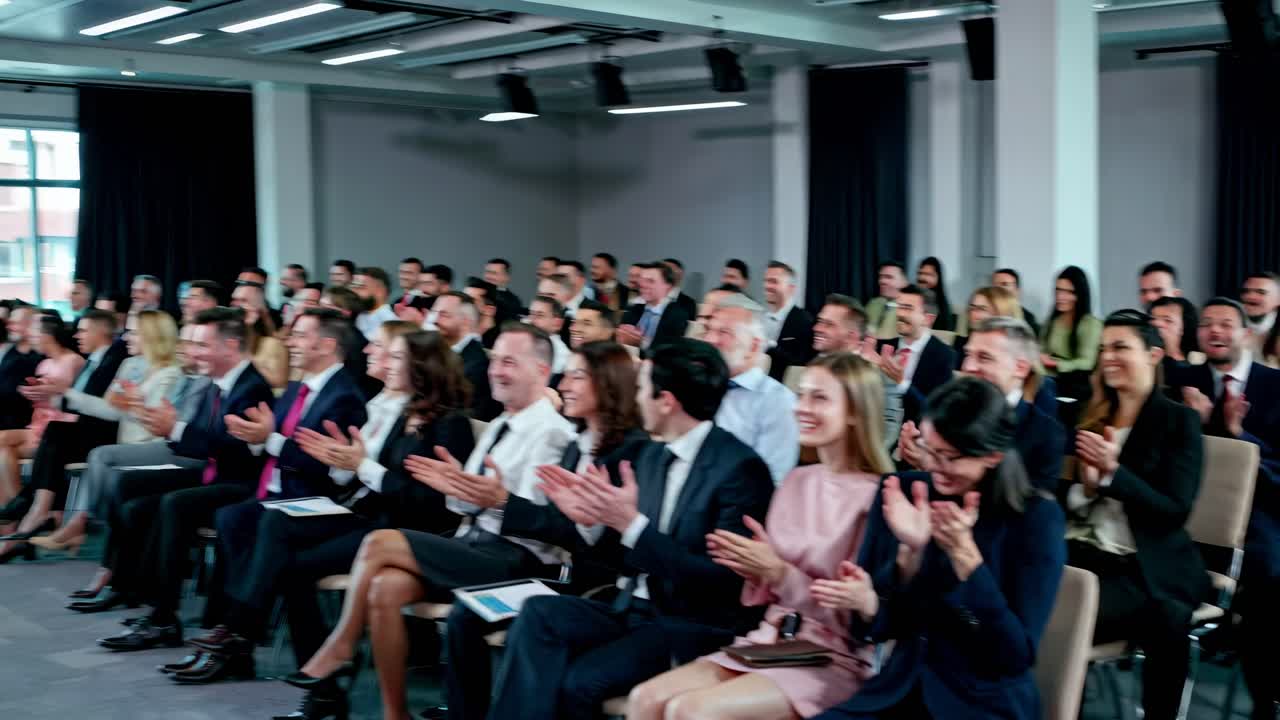 A video still shows a diverse group of professionals applauding