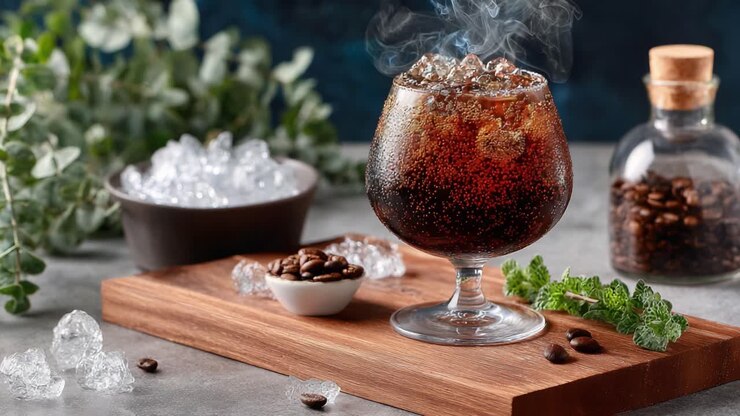 Un rinfrescante bicchiere di caffè freddo con cubetti di ghiaccio e chicchi di caffè su una tavola di legno, circondato dal verde, che evoca un'atmosfera calma e invitante