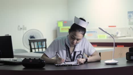 A-tired-female-nurse-checks-the-documents-of-the-patients