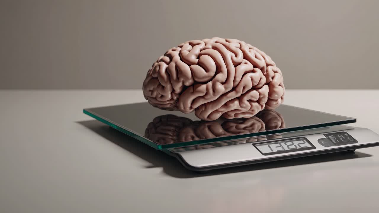 Brain resting on digital scale, showcasing weight measurement with reflective surface and modern design, illustrating the concept of mental capacity and health