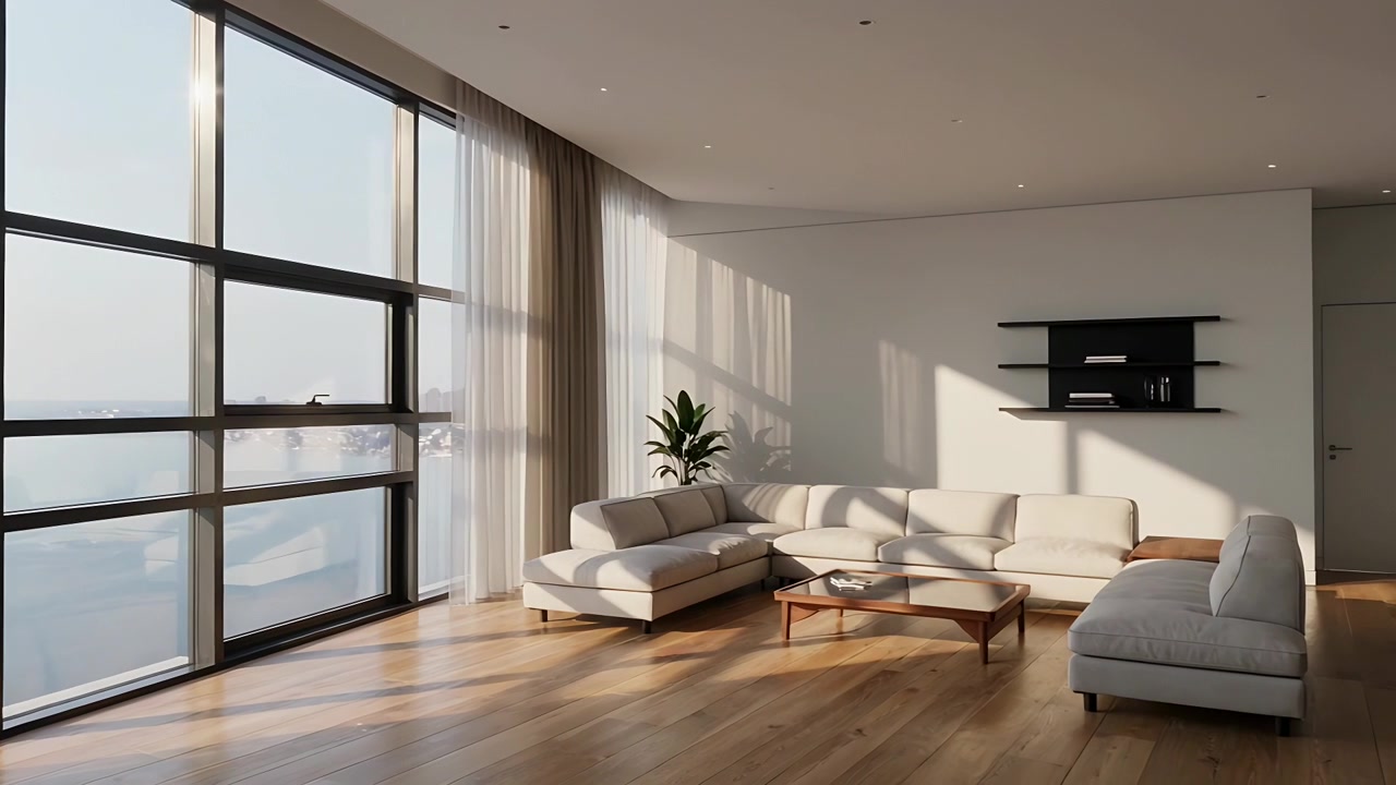 Telecamera che panoramica, mostrando un divano beige con chaise longue in soggiorno, rivelando finestre a griglia e luce solare