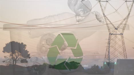 animación de un cartel de reciclaje verde sobre una caja con botellas de plástico y pilones eléctricos