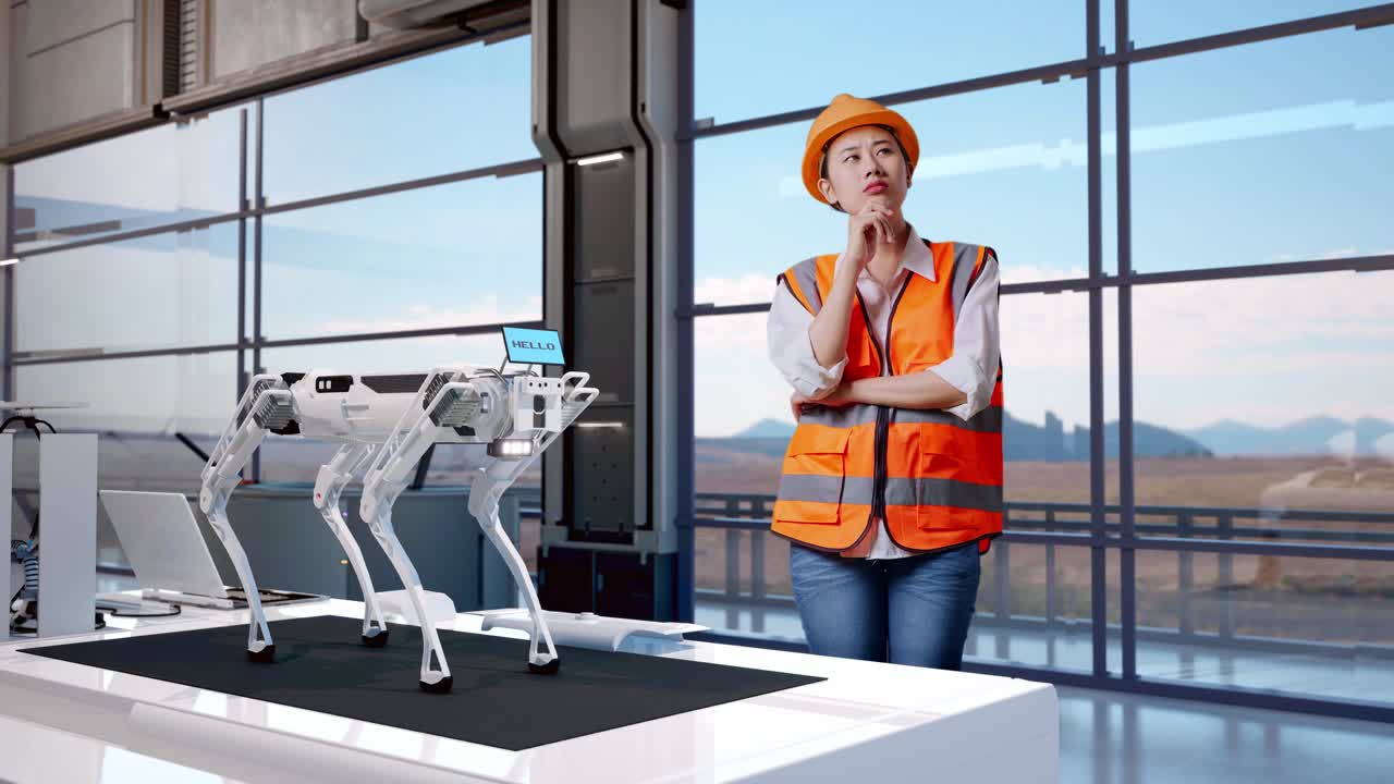 cuerpo lleno de ingeniera asiática con casco de seguridad pensando en algo y mirando a su alrededor mientras estaba de pie en una fábrica de alta tecnología, analizando el concepto de máquina robótica