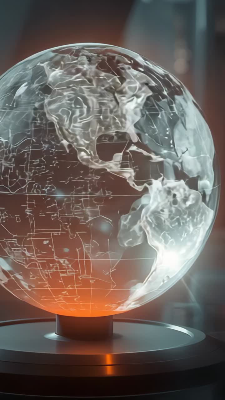 Vertical video: Powering transparent globe spinning on base in lab, with grid and swirls