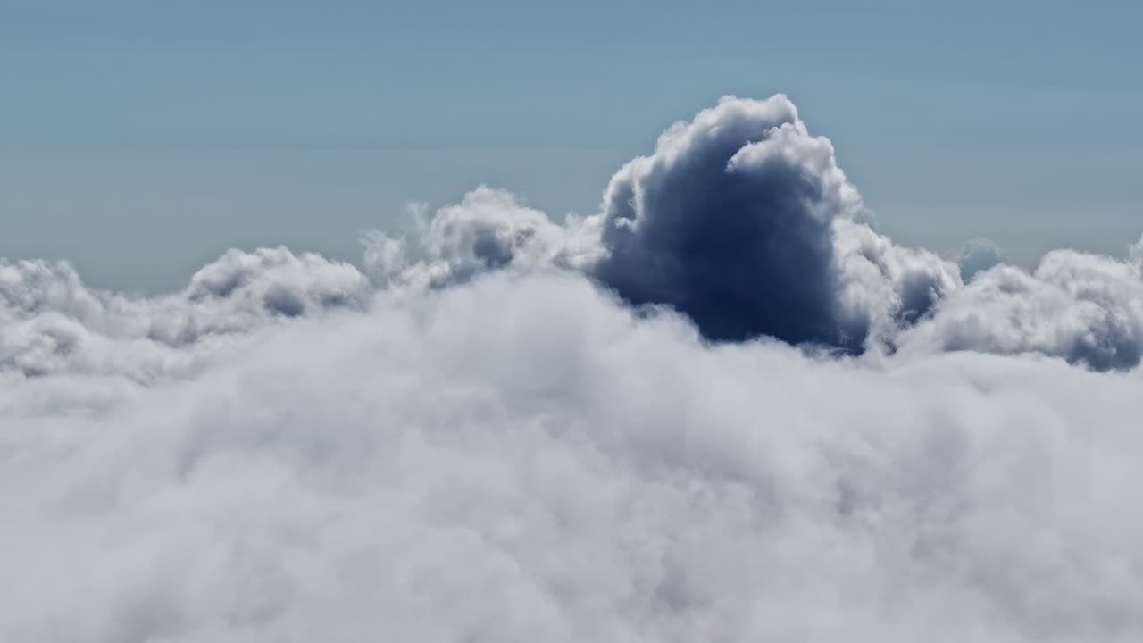 Aerial above cumulus storm clouds skyline low altitude layer clodscape
