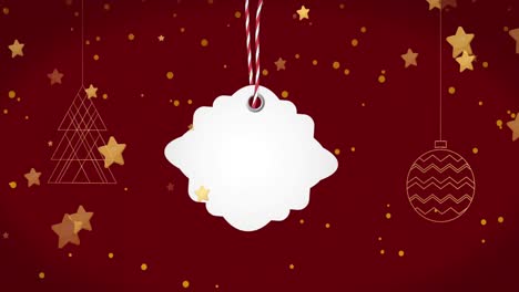 animation of christmas tag with copy space, decorations and snow falling on red background