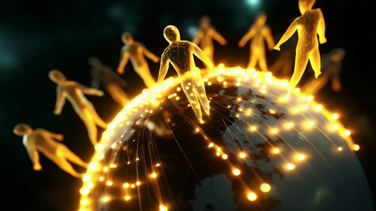 A Vision of Global Connection: Animated Figures in a Digital World Representing Networking and Interaction Across the Globe with Glowing Lines and Ethereal Glimpses of Humanity's Interconnectivity