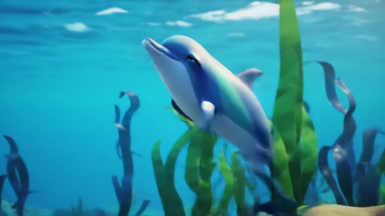 Beneath the Waves: A Playful Dolphin Delights in Its Underwater Habitat, Gliding Gracefully Through Vibrant Marine Plants in a Colorful Ocean Scene