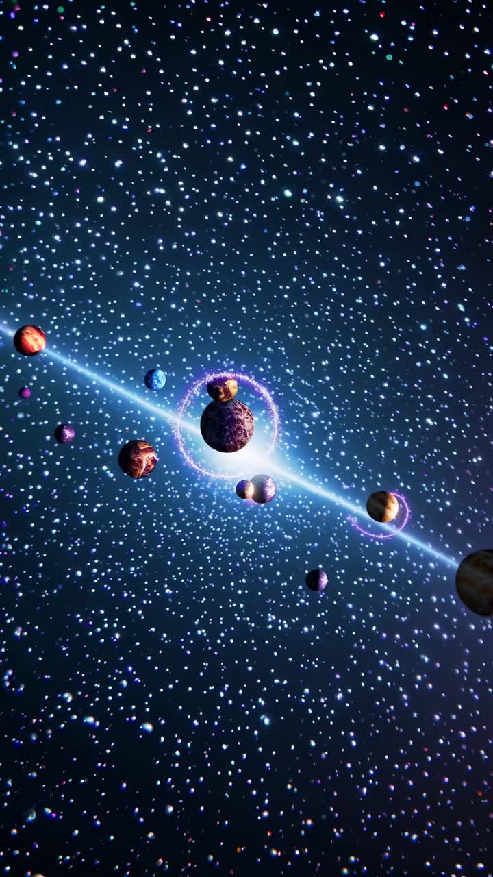 A cosmic video scene with a top-down angle, showcasing a vibrant galaxy with planets and stars