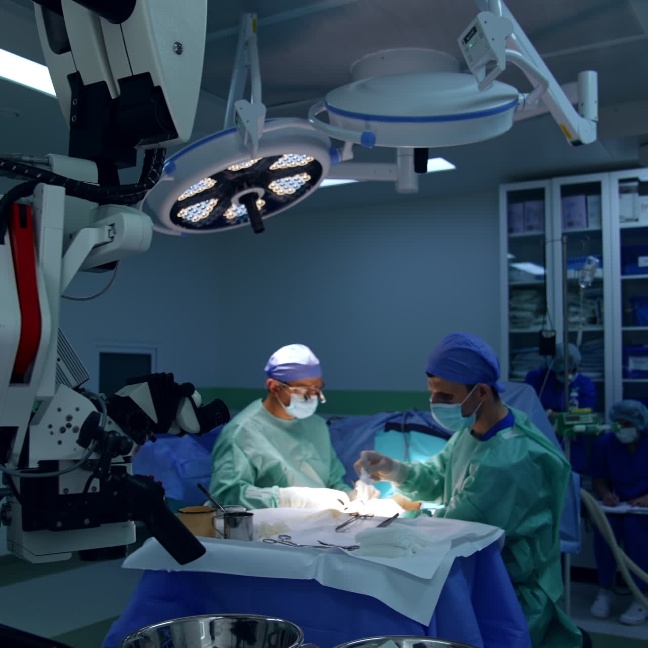 Kirurg og assistent arbejder i en moderne operationsstue. Assisterende mediciner arrangerer værktøj og udstyr på operationsstativet.