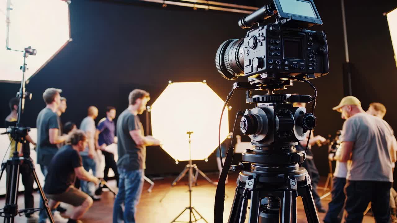 Záběry ze zákulisí natáčení videa se zaměřením na profesionální kameru v úrovni očí, zachycující rušný