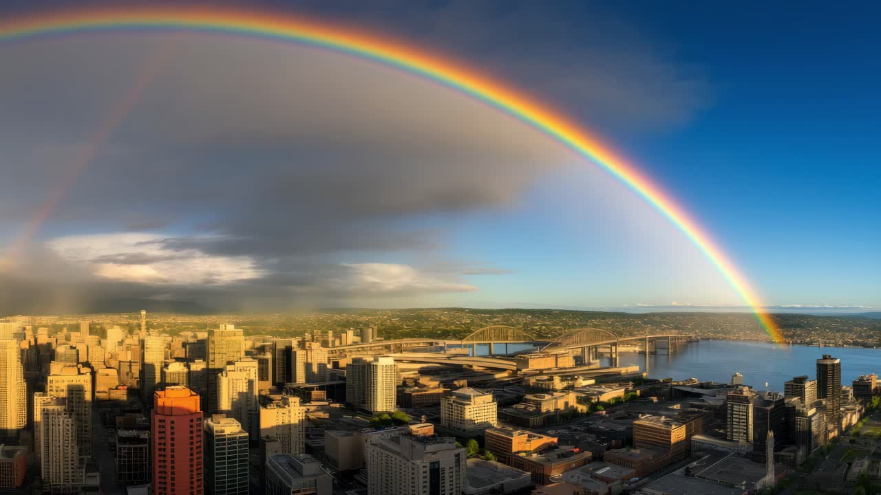 Multicolored rainbow arching across urban skyline, spanning modern city landscape near flowing river with interconnected bridges, fast moving clouds creating dramatic atmospheric backdrop