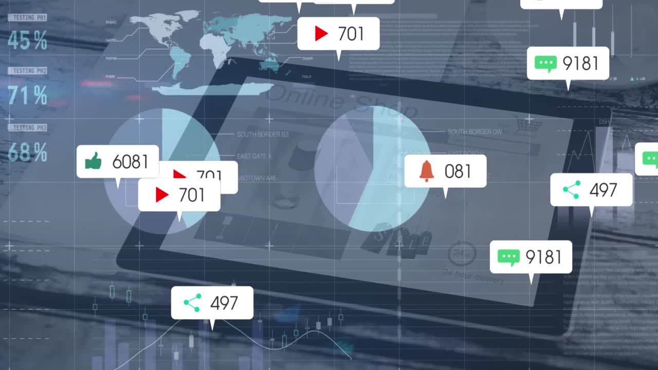 소셜 미디어 아이콘의 애니메이션과 디지털 태블릿의 클로즈업에 대한 통계 데이터 처리