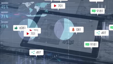 Animation-of-social-media-icons-and-statistical-data-processing-against-close-up-of-a-digital-tablet