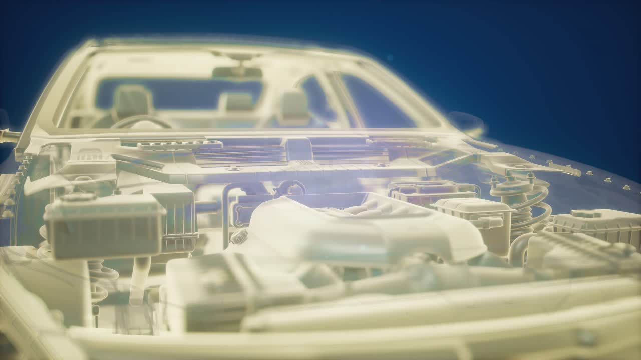 엔진이 있는 3d 와이어프레임 자동차 모델의 홀로그래픽 애니메이션