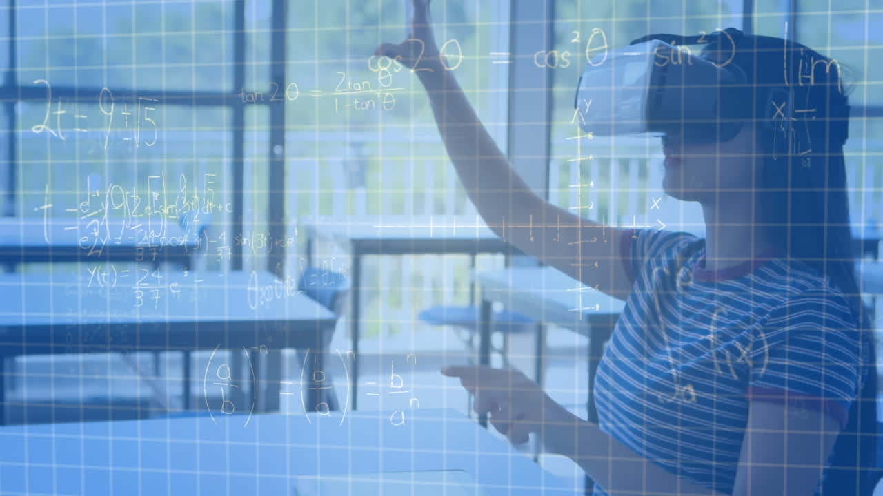 Mathematical equations floating against caucasian girl wearing vr headset at elementary school