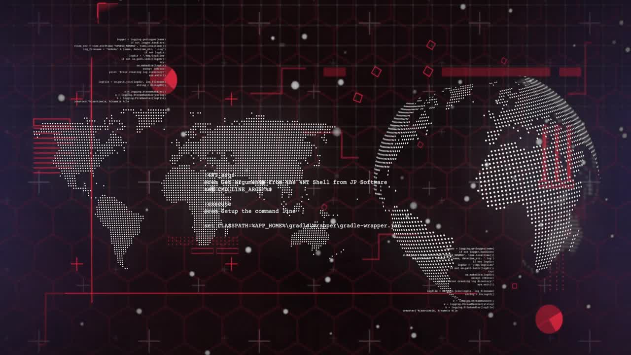 With code fading in, dotted map and globe unfolding, red sphere pulsing above install instructions