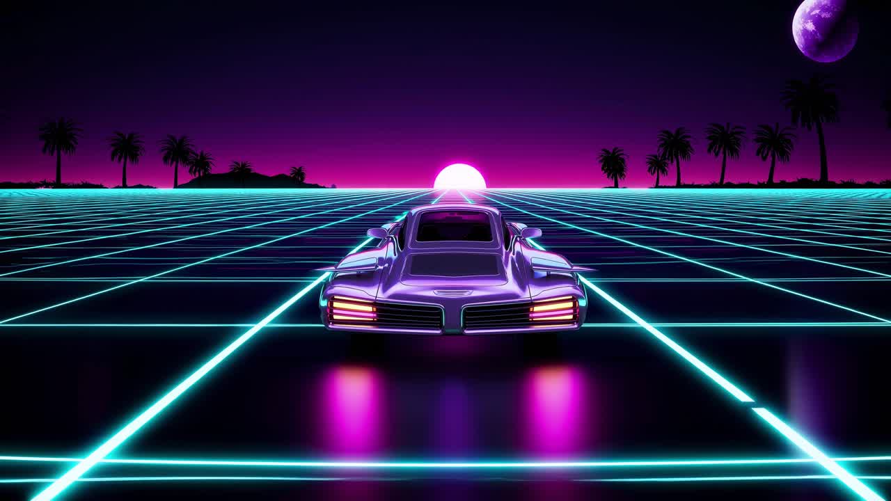 Purple futuristic sports car driving on glowing digital grid against 80s style sunset with palm trees and planets, synthwaveretrowave style