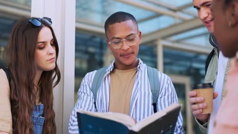 group of students outside campus with book