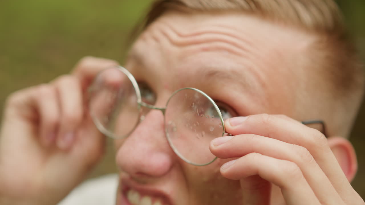 hombre blanco joven, gafas empapadas por la lluvia mirando hacia arriba a través de gotas de agua, fondo verde suave, monturas redondas de metal salpicadas de lluvia, dedos ajustando suavemente los bordes, primer plano con estilo cinematográfico