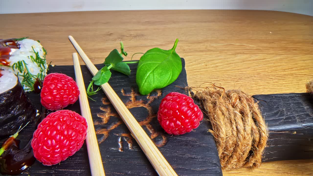 Person picking with chopsticks a piece of sushi. Close up