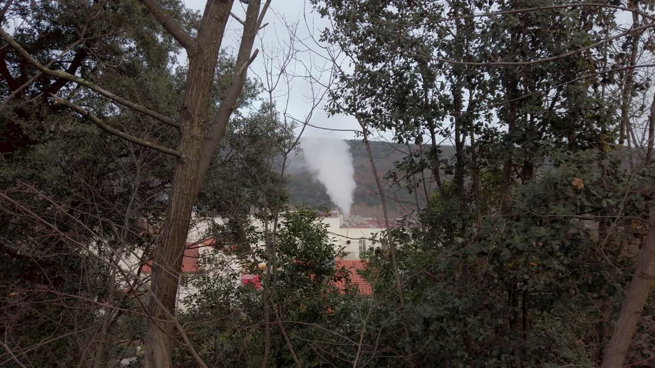Industrial chimney releasing white smoke rising above trees and bushes in french rural landscape, showcasing environmental impact of manufacturing emissions against natural scenery