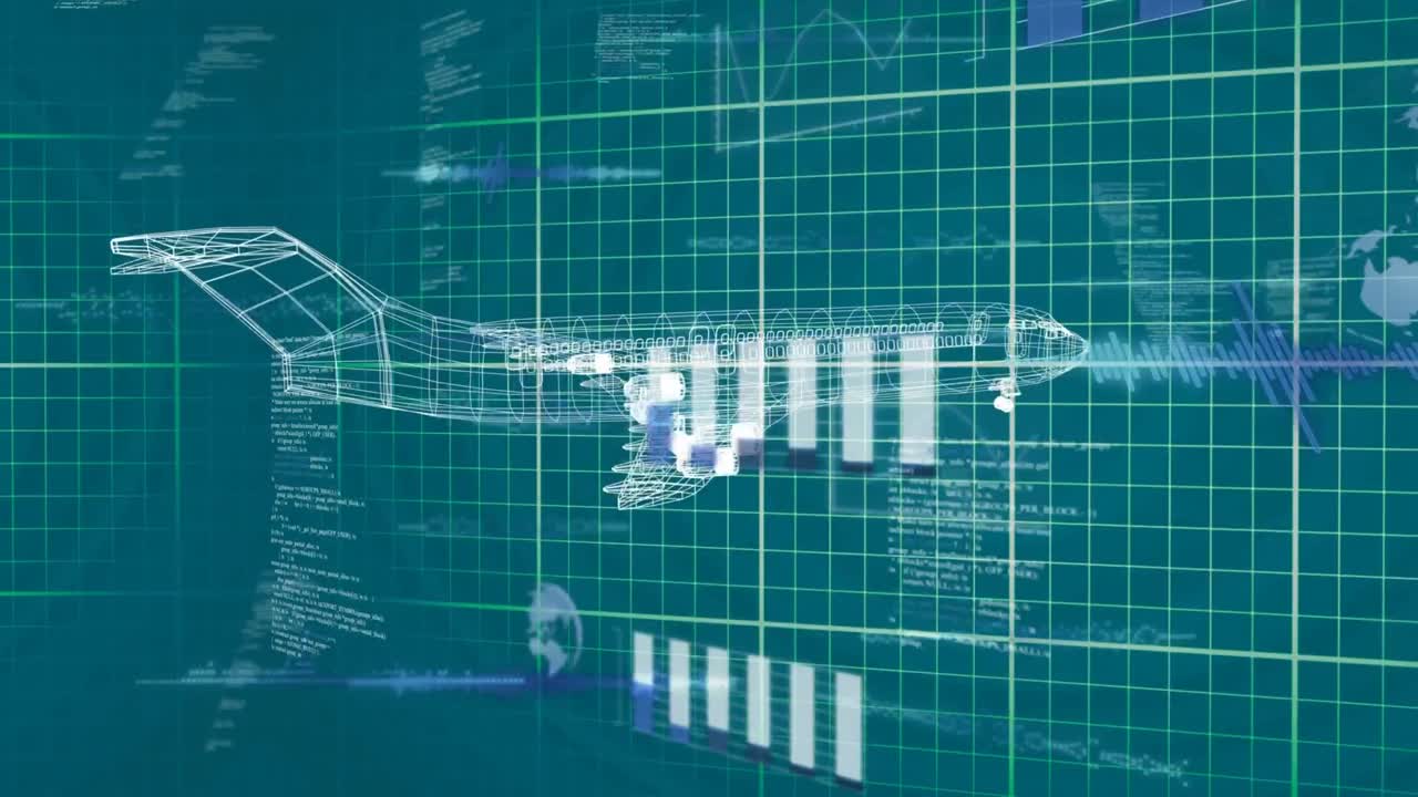 animación del procesamiento de datos financieros sobre un modelo 3d de avión
