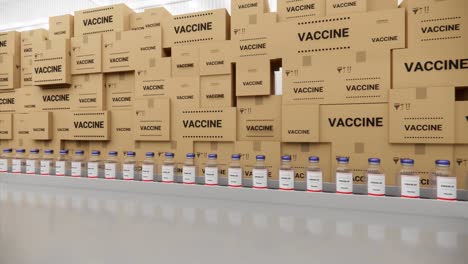 las botellas de vacuna en la línea de producción. la vacuna contra el coronavirus ha sido certificada y está lista para la inyección. muchas familias están esperando ser vacunadas contra la covid-19 y el sars, animación de renderización de bucle 3d.