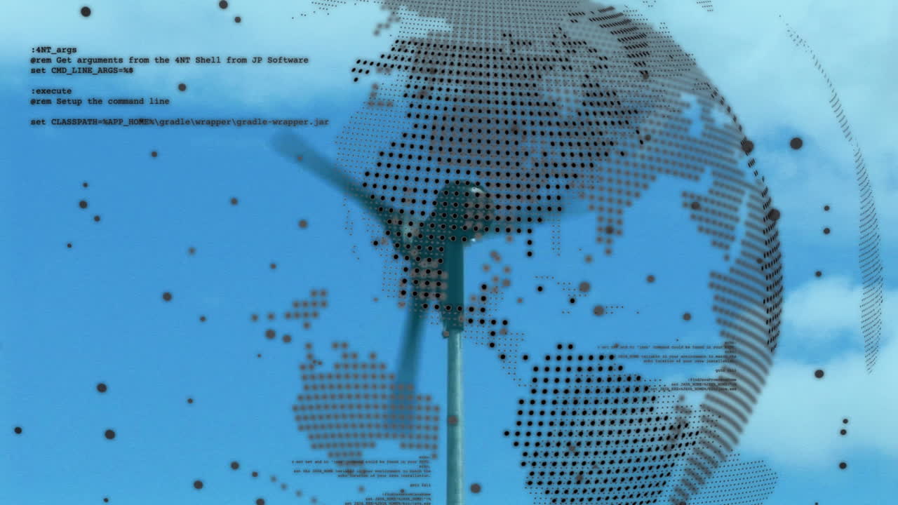 풍력 공장 위의 지구로 데이터 처리의 애니메이션