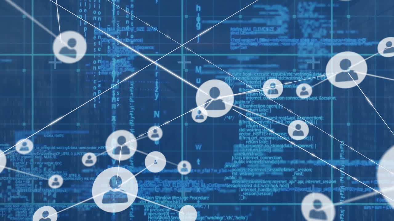 Animation of network of connections with icons and data processing over grid on blue background