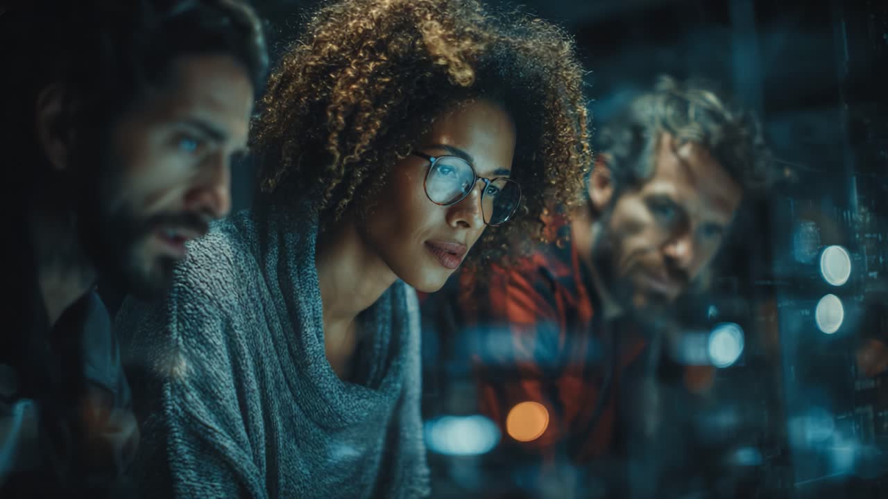Focused Team Collaborating in a High-Tech Environment, Analyzing Data and Sharing Insights While Engaged in a Thought-Provoking Discussion
