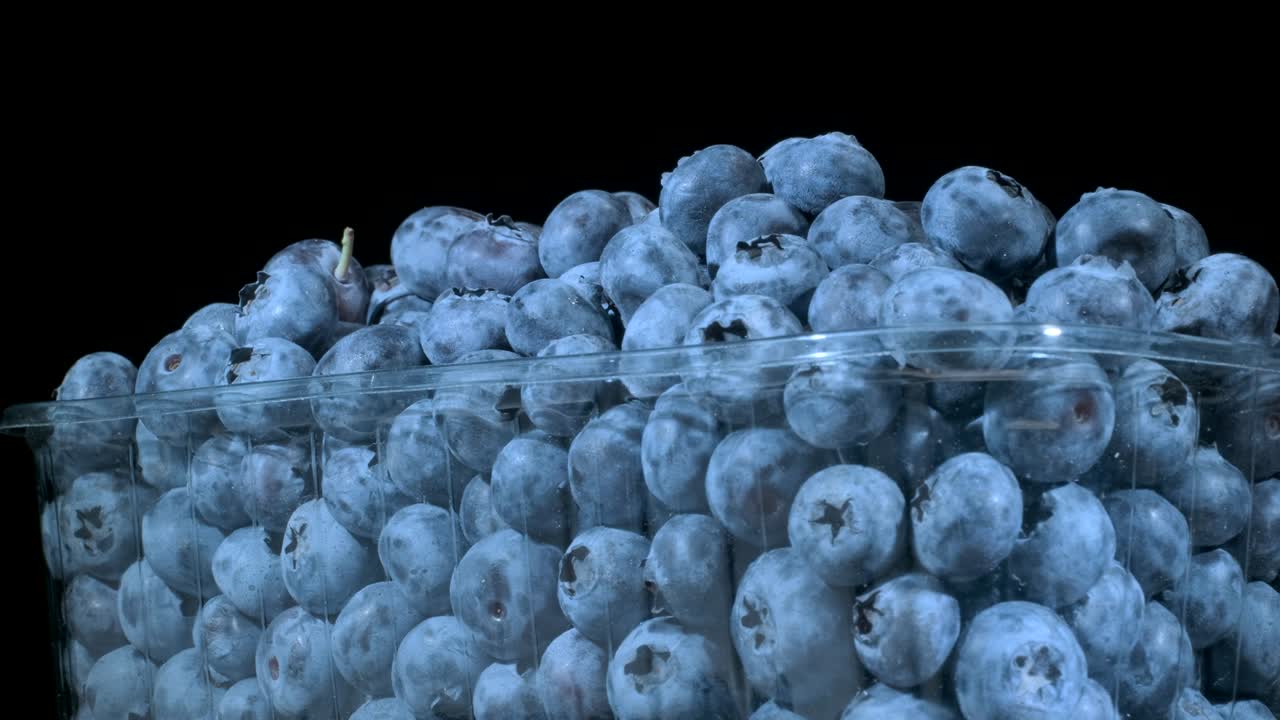 흑색 바탕의 일회용 플라스틱 식품 패키지에 담긴 신선한 블루베리, 클로즈업, 카메라 회전 360도, 보그 빌베리, 북부 빌베리 또는 서부 블루버리 (vaccinium uliginosum)