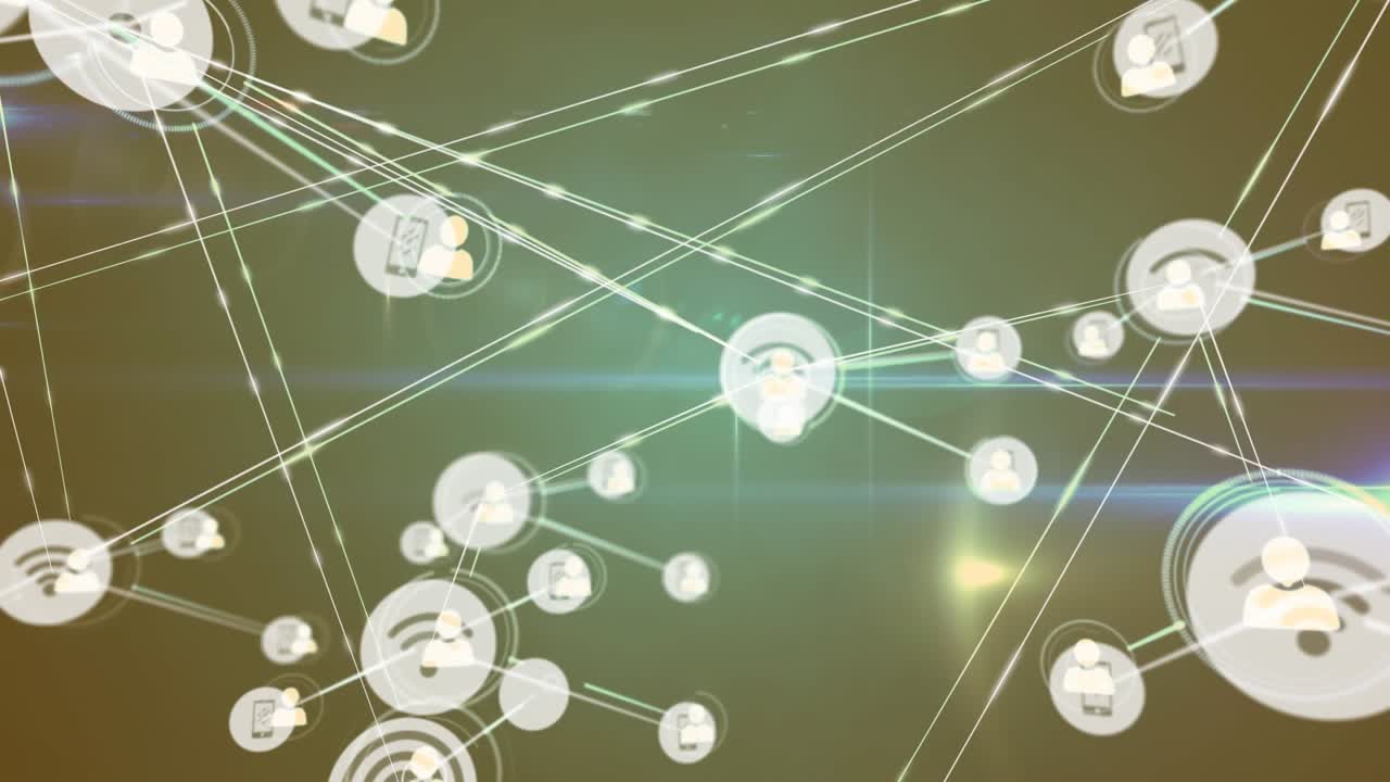 Animation af et netværk af digitale og profilikoner over lysspor mod en grå baggrund.