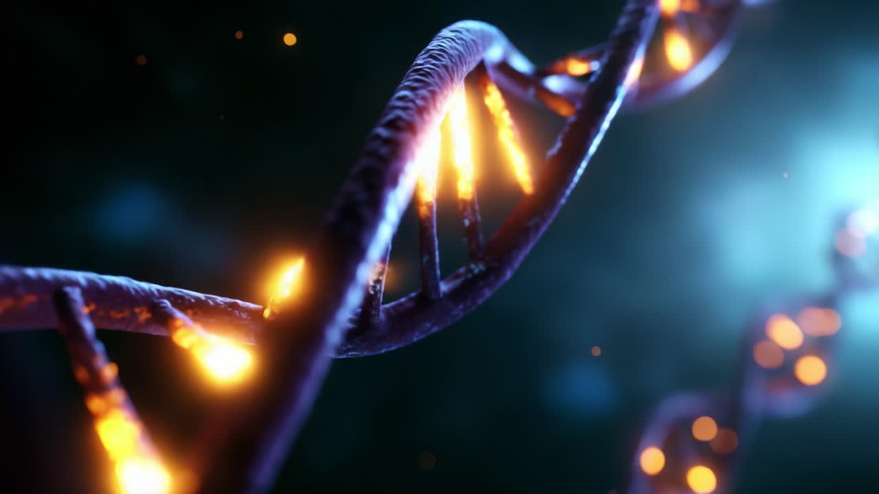 A Captivating Close-Up View of a Twisting DNA Helix, Illuminated by Sparkling Lights, Showcasing the Intricate Structure Essential for Life's Blueprint and Genetic Code